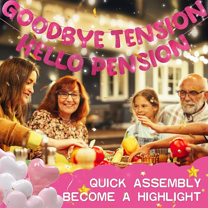 Retirement Banner Pre-Strung GOODBYE TENSION HELLO PENSION Banner Glitter Retirement Party Supplies Decorations for Women Men Office Home Decor (Hot pink)