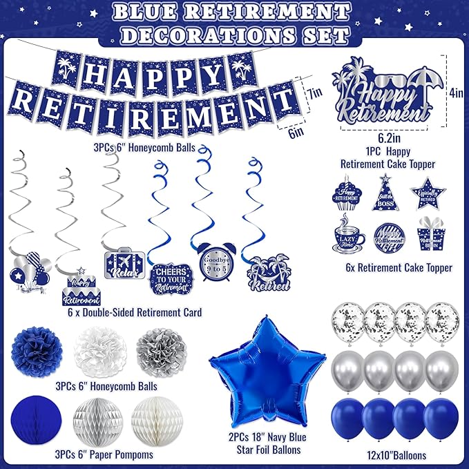 Retirement Party Decorations, Blue Silver Retirement Decorations for Men Women Including Tassel Garland Banner HAPPY RETIREMENT Banner Backdrop Sash Hanging Swirl Balloons Honeycomb Ball Cake Toppers