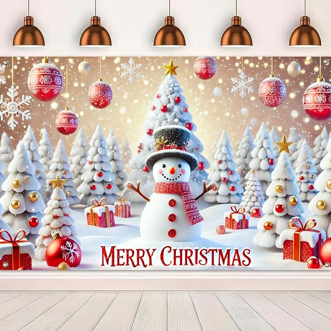 Christmas Banner Snowman Winter Wonderland Xmas Decoration Holiday Party Backdrop Merry Christmas White Tree Gift Red Ornaments Photo Prop Wall Display for Indoor Outdoor 71 X 43 Inches