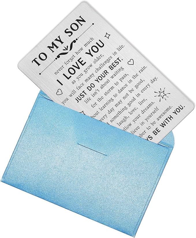 TANWIH Gifts for Son - Engraved Metal Son Wallet Card - Sons Birthday Graduation Christmas Card Gift from Mom Dad Parents