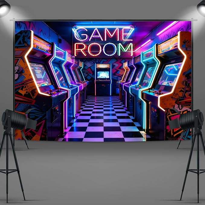Imirell Arcade Neon Gaming Backdrop 7Wx5H Feet Retro Video Game Center Gamer Game Room Banner Boys Birthday Photography Backgrounds Baby Shower Party Decorations Photo Shoot Decor Props