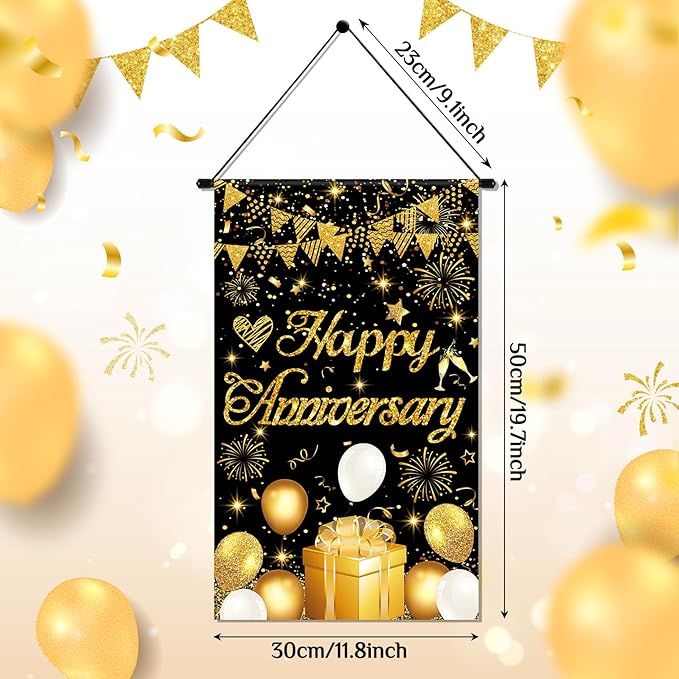 Anniversary Party Decorations Black Gold Happy Anniversary Door Banner Sign Small Wedding Anniversary Door Hanging Banner Porch Front Door Decor for Men Women Anniversary Cruise Door Sign Supplies