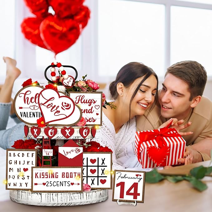 16 Pcs Valentine's Day Tiered Tray Decorations Set Valentine Heart Wood Sign Farmhouse Romantic Sweet Table Decor Love Theme Centerpieces for Kitchen Home Decor Wedding Party Gift