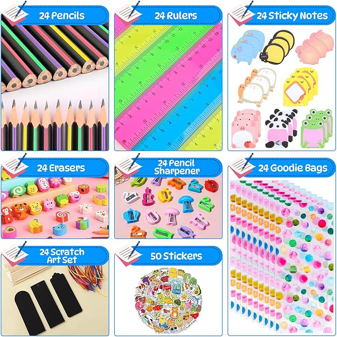 Stationery Party Favors, 24 Pack Birthday Goodie Bags for Kids with Pencils Rulers Sticky Notes Return Gifts Easter Stuffers Classroom Gifts Student Class