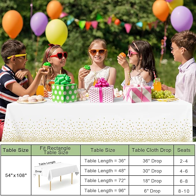 misaya 10 Packs Dot Disposable Table Cloth, 54 x 108 Inch Waterproof Plastic Tablecloth, Rectangle Gold Dots in White Table Covers for Easter, Picnic, Birthday, Party