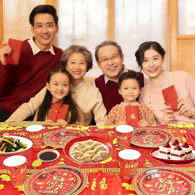 176Pcs Chinese New Year Paper Plates & Napkins Sets,Chinese New Year Dinnerware Sets Including Cups Plastic Cutlery Disposable Tablecloth for Lunar Years Supplies Decor,Serves 25