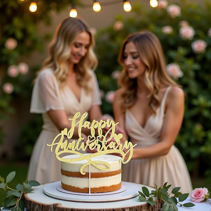 Happy Anniversary Cake Topper, celebrate Company Wedding Birthday Party Decoration Gold Glitter(Anniversary)