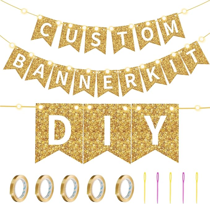 TaoBary 135 Pcs DIY Banner Custom Letters Kit Make Your Own Banner for Birthday Graduation Party Decor Include 107 Letters and Numbers, 16 Symbols, 2 String Lights, 5 Needles, 5 Rope (Gold)