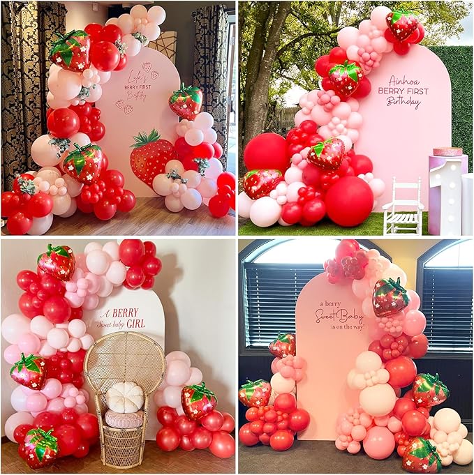 120pcs Strawberry Balloon Arch Garland Kit, Red and Pink Balloons with 27inch Strawberry Foil Balloons for Sweet One Berry First Birthday Baby Shower Strawberry Party Decorations