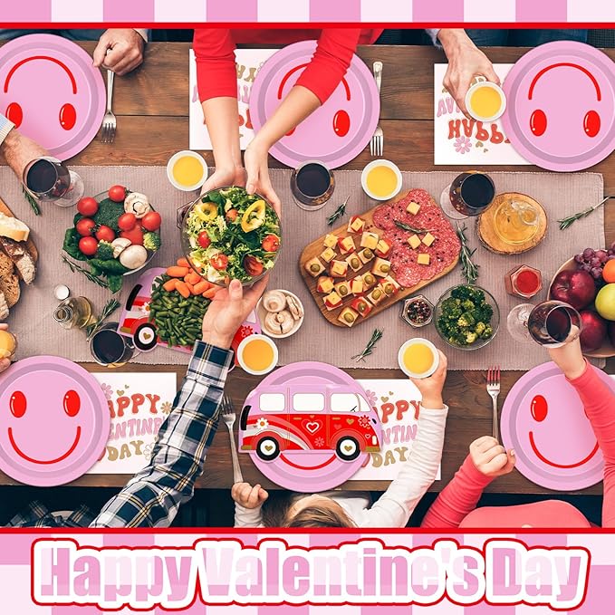 Zhehao 96 Pcs Groovy Valentine's Day Party Supplies Set for 24 Guests Pink Smile Face Plates 9 oz Cups Napkins Pink and Red Groovy Hippie Valentine's Day Party Decorations