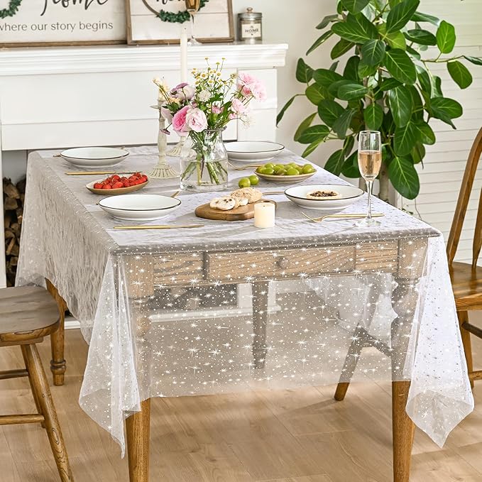 Horaldaily White Silver Sparkling Star Gauze Tablecloth 60x60 Inch Square, Silver Star Sequin Glitter Metallic Foil, Sheer Tulle Cheesecloth for Wedding Baby Shower Party