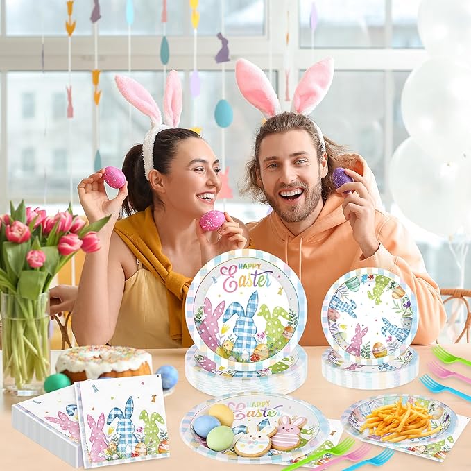 QZYL 120Pcs Easter Plates and Napkins, Disposable Easter Decorations Dinnerware for 30 Guests, Colorful Spring Bunny Paper Plates and Napkins, 9″ and 7″ Tableware for Easter Party Favors Spring Event