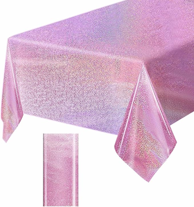 1 Pack Light Pink Iridescent Plastic Tablecloth Disposable 54 × 108 Inch Glitter Holographic Foil Table Cloth Plastic Laser Rectangle Table Cover for Birthday Wedding Disco Party