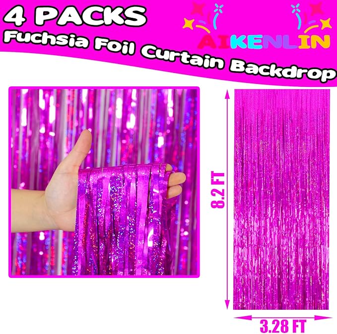 4 Pack 3.2Ft x 8.2Ft Fuchsia Foil Fringe Curtain Backdrop, Metallic Tinsel Foil Fringe Streamers Curtains Background for Photo Booth, Birthday, Wedding, Disco, Bachelorette, Christmas Party Decoration