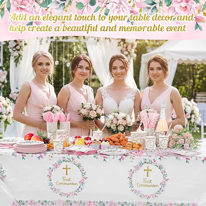 Ceenna 452 Pcs First Communion Party Decoration Girl for 50, Pink Baptism Paper Plate Napkin Cup Tablecloth Cutlery Straw God Bless Disposable Tableware for Christening Religious Baby Shower Supplies