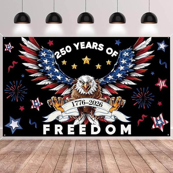 Red Blue 250 Years America Backdrop Banner Photography Background for 250th Anniversary USA Theme 4th of July Independence Day Home Garden Outdoor Party Decorations Supplies 72.8 * 43.3in