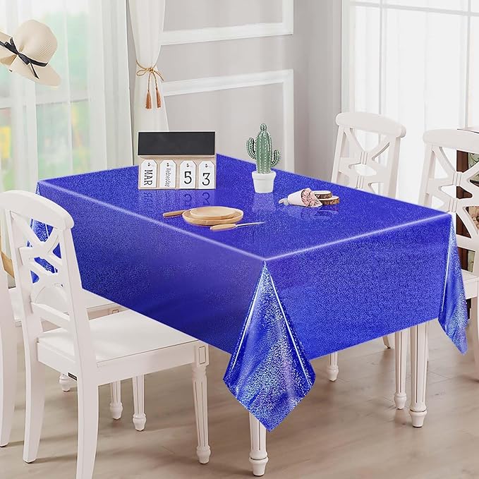 2 Pack Blue Iridescent Plastic Tablecloth Disposable 54 × 108 Inch Glitter Holographic Foil Table Cloth Plastic Laser Rectangle Table Cover for Birthday Wedding Disco Party