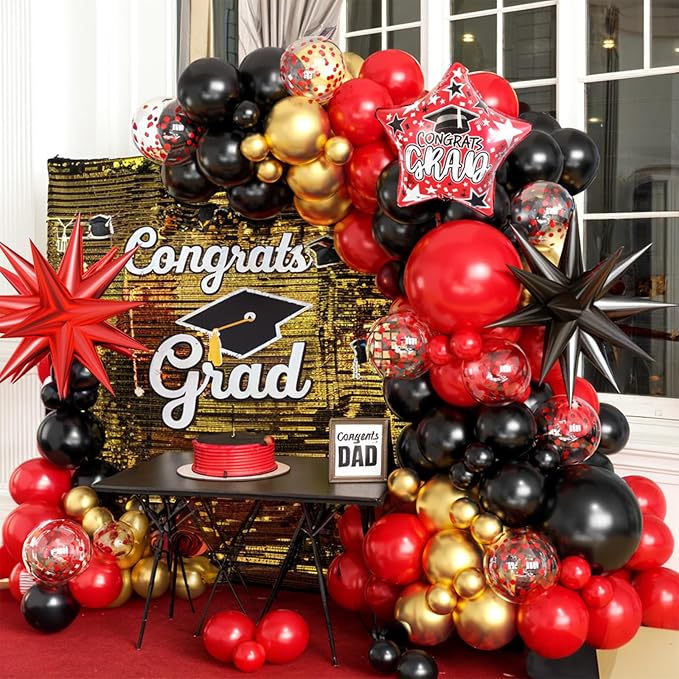 Red Black Gold Balloon Arch Kit with Explosion Star Foil Balloons Black Gold Balloons Red Confetti Graduation Balloon Garland for 2025 Graduation Decoration Birthday Baby Shower Party