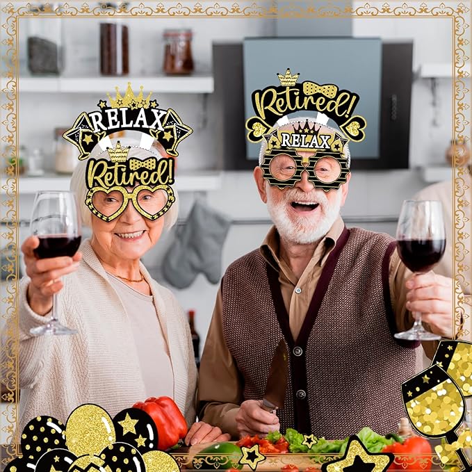 24 Pcs Retirement Party Decorations Paper Glasses and Headband Set for Men Women, Black Gold Happy Retirement Party Supplies, Funny Farewell Retired Photo Props Decor