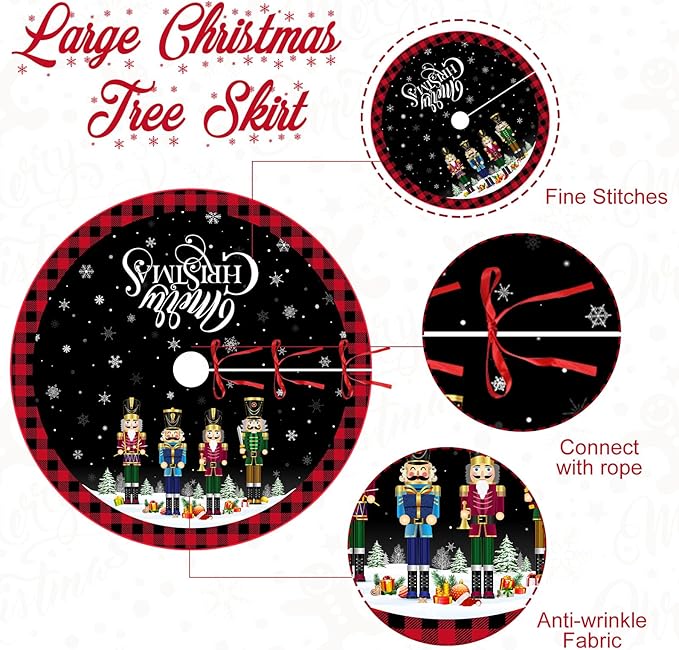 48 Inch Christmas Tree Skirt Double Layer Large Snowflake Xmas Tree Mat Decor for Winter Holiday Party Indoor Outdoor Christmas Decorations(Black,Nutcracker)