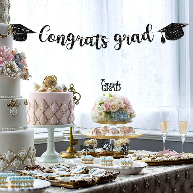 Congrats Grad Banner - 9 ft Black Pre-Strung Congrats Grad Banner, Graduation Party Decorations & Decor for Elementary, 5th Grade, 8th Grade, High School, College, Congrats Grad Sign