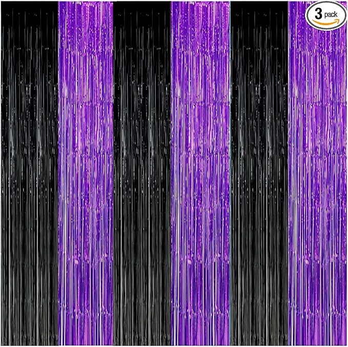 Graduation Decorations 2026 Purple Black Foil Fringe Backdrops, Black Purple Party Decorations Streamer Tinsel Curtains for Graduation Birthday Halloween Party(3 Pack)