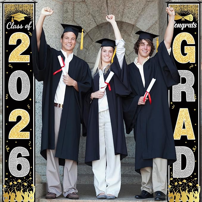 OHOME Graduation Decorations 2026 - Black Gold Congrats Grad Porch Banner for Graduation Party Decorations - Class of 2026 - Party Favors Supplies Backdrop Yard Signs Decor (Black)