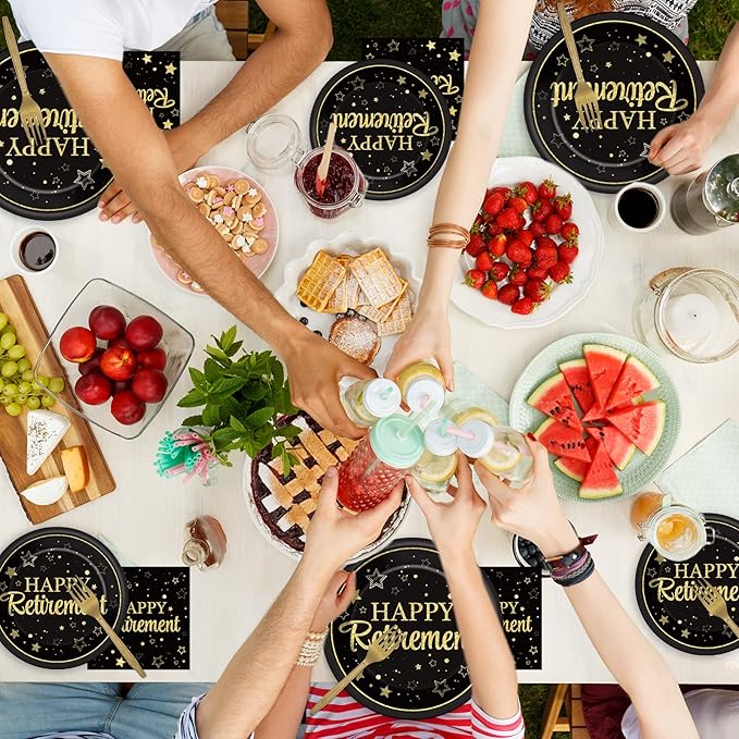 50 Guests Retirement Party Decorations Retirement Plates Napkins Set Happy Retirement Black and Golden Disposable Dinnerware Tableware Graduations Decorations Supplies Favors for Women Men, 200Pcs
