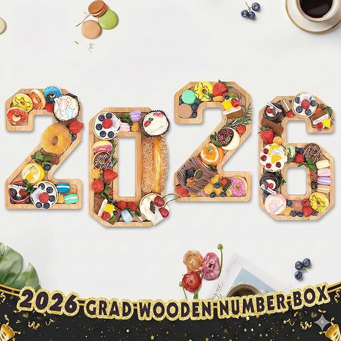 4PCS Wooden Graduation Decorations Number Charcuterie Board Box-(with 14 Balloons) 2026 Charcuterie Numbers Fillable Food Graduation Party Supplies