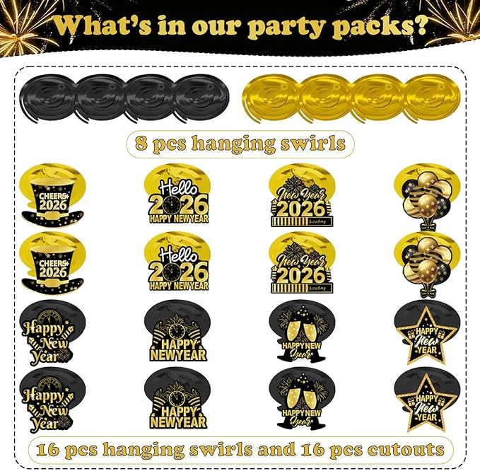 2026 Happy New Year Hanging Swirls, 40Pcs Black and Gold New Years Eve Party Ceiling Swirls Streamer for 2026 New Years Hanging Decorations