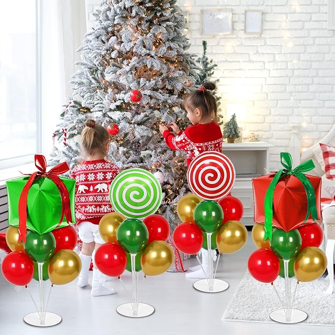 4 Sets Christmas Party Balloons Stand Kit with Gift Box Candy Foil Balloons Party Balloon Centerpiece for Tables for Xmas Holiday Birthday Party Christmas Themed Decorations