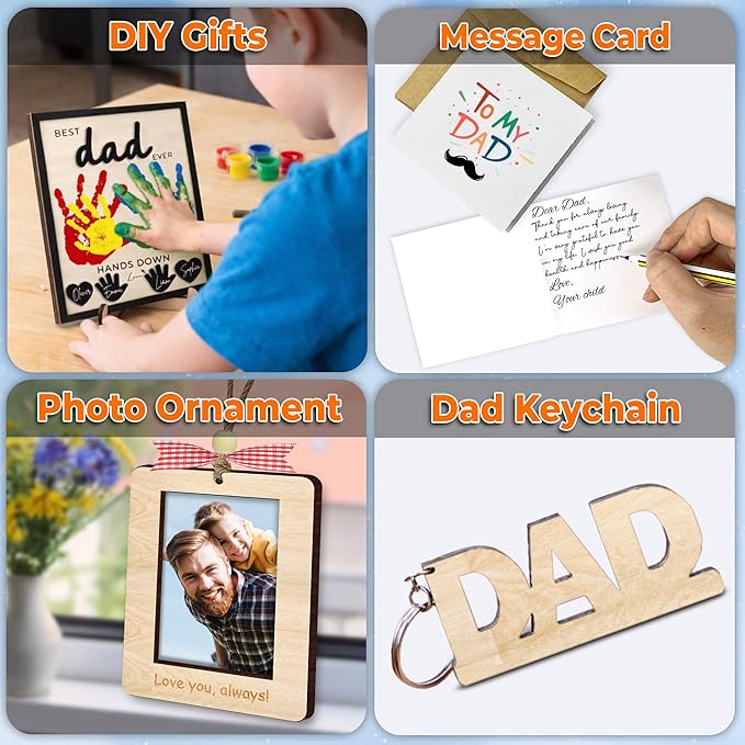 10" Best Dad Ever Hands Down DIY Handprint Kit with Acrylic Paint, Art Craft Family Keepsake Wood Frame Dad Keychain Birthday Gift Father's Day for Daddy, Papa Family Sign with Kids Names HF90-D