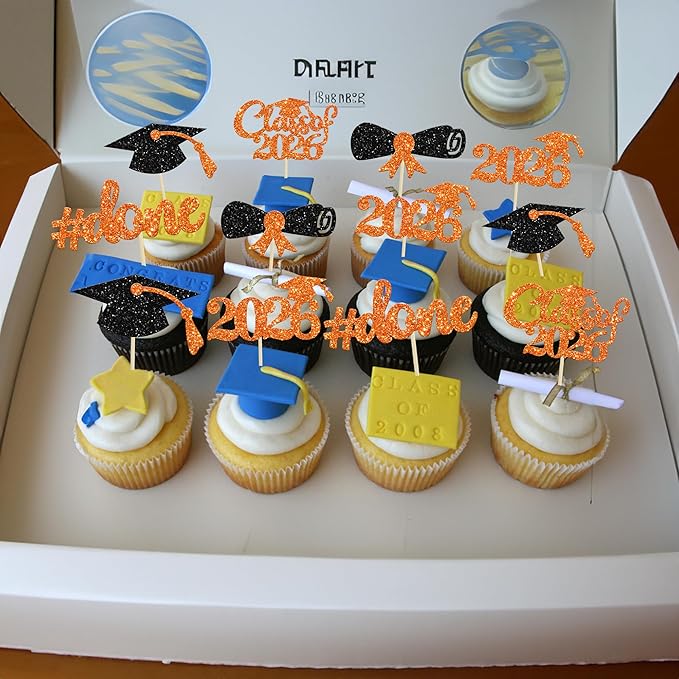 Gyufise 30Pcs 2026 Graduation Cupcake Toppers Orange Glitter Class of 2026 Done Cupcake Picks Grad Cap Diploma Cake Decorations for 2026 Graduation Theme Party Cake Decorations Supplies