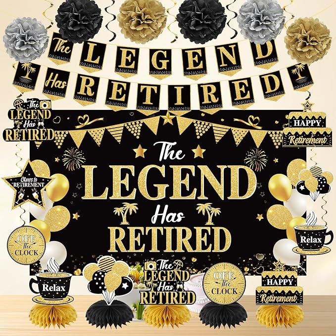 Retirement Party Decorations for Men Black Gold Happy Retirement Party Supplies Kit The Legend Has Retired Banner Backdrop Sash Table Centerpieces Hanging Swirls Pompoms 20PCS