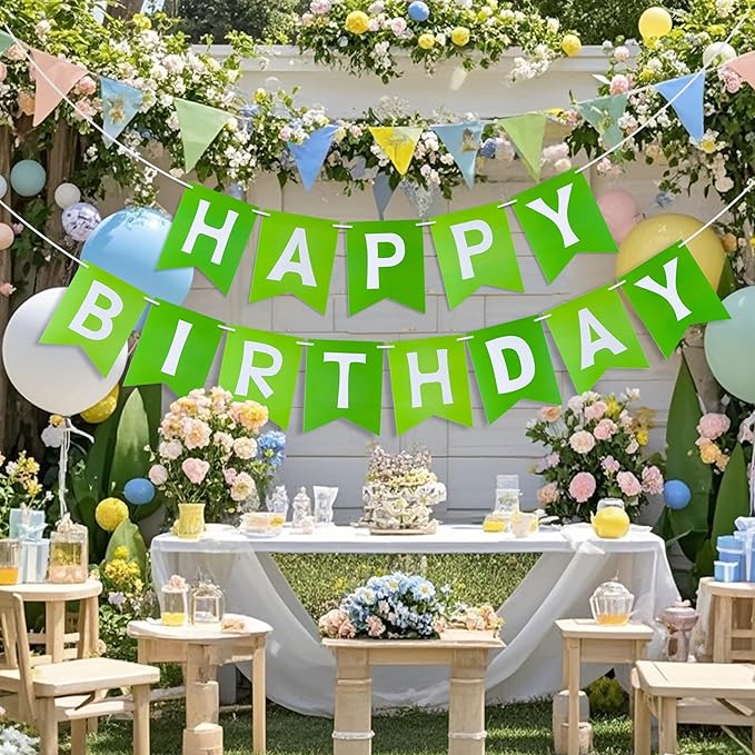 Green Happy Birthday Banner - Hanging Backdrop Sign with White Letters, Happy Birthday Sign Bunting Decorations for Women men Kids Baby Shower Party Supplies (13pcs)