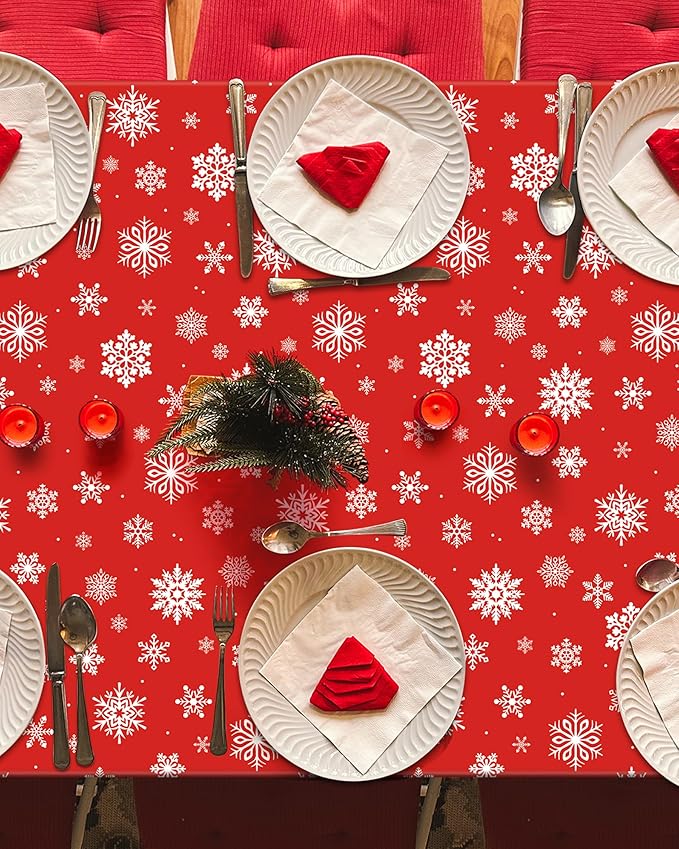 4 PACK Snowflake Tablecloths, 54" x 108" Holiday Party Decor, Red Snowflakes Tablecloth Xmas Plastic Tablecloth Disposable Table Cloth Rectangle Tablecover, Winter Decorations Holiday Party Supplies