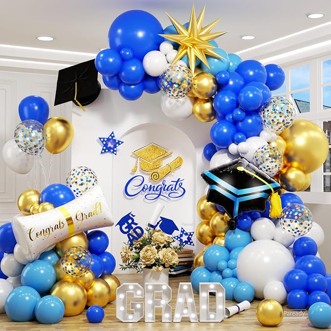 Blue Gold White Balloons Arch Kit, Blue White Balloon Arch with 4D Gold Star Graduation Certificate and Cap Foil Balloon, Royal Golden Confetti Balloons for 2026 Graduation Decoration Birthday Party