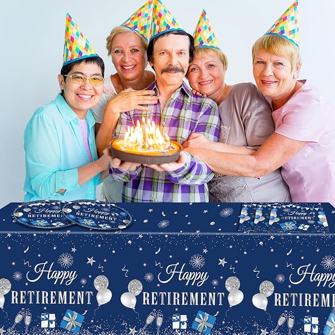 41PCS Retirement Party Decorations Blue Silver Happy Retirement Decorations for Men Women Include Paper Plates Napkins Tablecloth Set for Men Woman Farewell Party Tableware ,Serves 20
