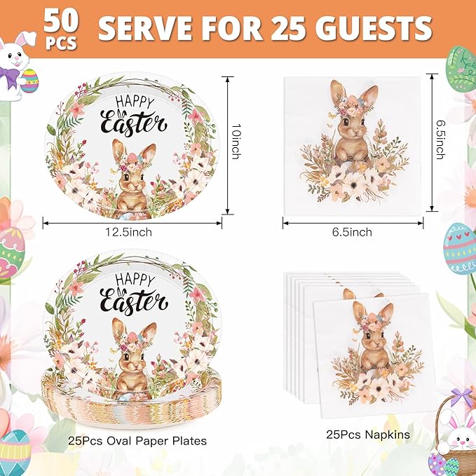 50Pcs Easter Paper Plates and Napkins Set Serve 25 Guests 10" x 12.5" Large Oval Plates and 6.5'' Napkins, Disposable Heavy Duty Easter Tableware Set Plate Bunny Egg Dinnerware Party Supplies