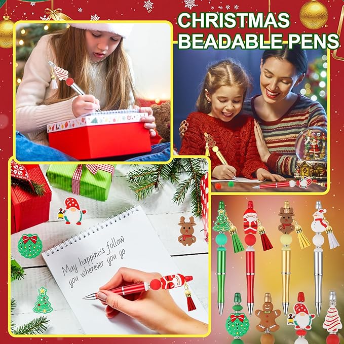 CZWZ 8 Pcs Christmas Beadable Pens, Plastic Beadable Pens with Multicolor Silicone Beads, Christmas Snowman Pine Tree Floral Hoop Deer Pens for Christmas Office School Supplies