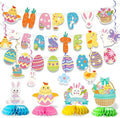 Party Spot! 60 pcs Easter Party Decorations Kit, "Happy Easter" Banner,Easter Centerpiece,Table Decorations,Hanging Swirls,Stickers,Tablecloth,Easter Party Supplies Indoor,Bunny Party