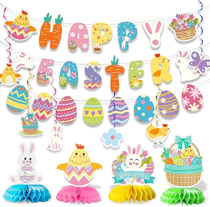 Party Spot! 60 pcs Easter Party Decorations Kit, "Happy Easter" Banner,Easter Centerpiece,Table Decorations,Hanging Swirls,Stickers,Tablecloth,Easter Party Supplies Indoor,Bunny Party