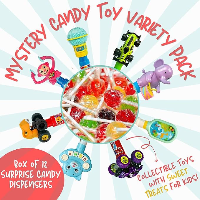 YAY! FUN Party Favors Supplies for Kids, 12Ct Bulk Individually Wrapped Lollipop with Interactive Toys, Perfect for Party Favors, Goodie Bags & Kids Surprise Gifts, Home/ school treasure box, Holiday basket (12 Count)
