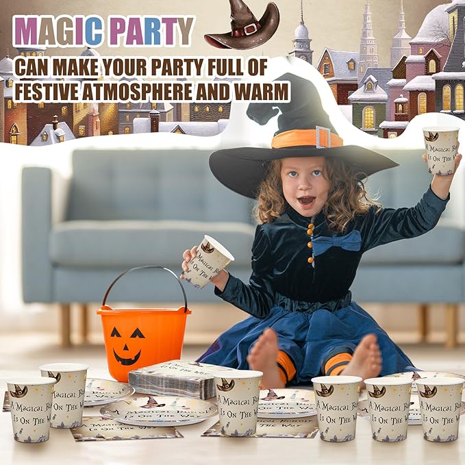 Hushee 200 Pcs Magical Wizard Baby Shower Paper Plates Napkins Cups Baby Shower Party Supplies Tableware Set Magical Wizard Theme Disposable Cup Napkin for 50 Guest Sets Party Decoration Boy Girl