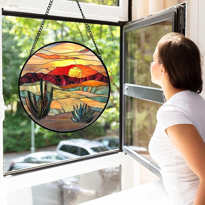 Stained Glass Window Hanging, Golden Landscape Dusk Sunset Suncatcher for Doors Window Home Cactus Sun Catchers Decoration Mother's Day Birthday Gifts for Women, Men, and Mom 11.8 in