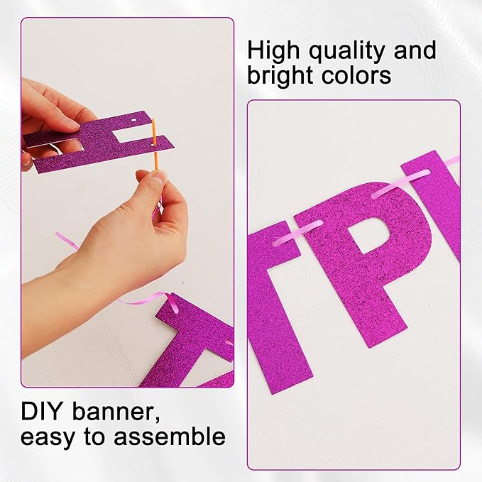 BEISHIDA 116 PCS A-Z DIY Letter Banner Kit Make Your Own Banner Glitter Purple Including 111 Letters and Numbers 3 Rope and 2 Threading Device,Customized for Birthday Graduation Wedding Party Decor