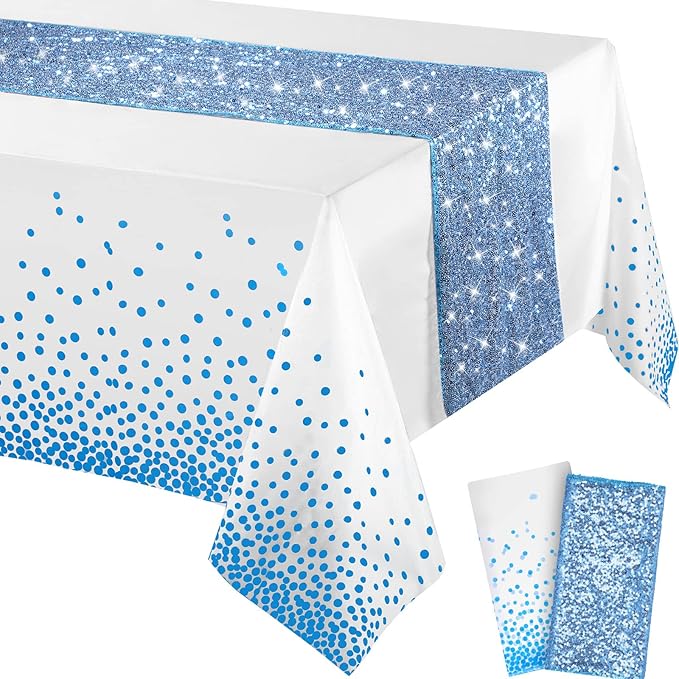 Irenare Tablecloth and Sequin Table Runner Set Polka Dots Confetti Table Cover Dining Plastic Tablecloths Glitter Decorations for Birthday Wedding Anniversary Party Supplies(White, Blue,2 Pcs)
