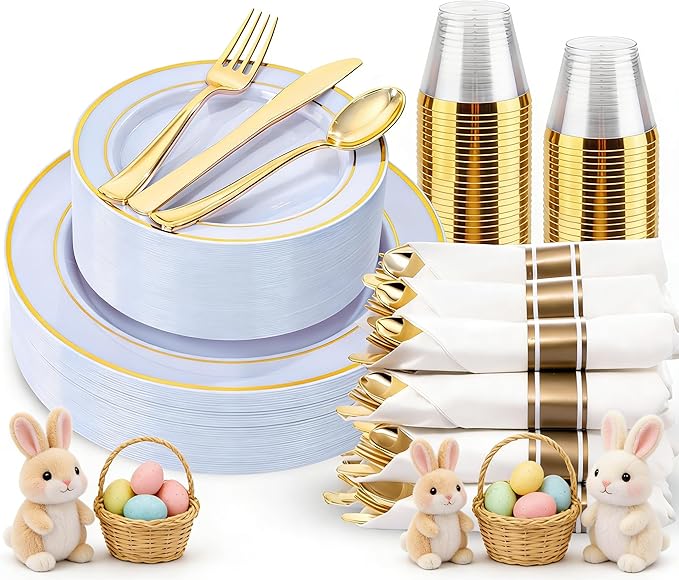 175PCS Blue Plates Disposable - Baby Blue Plastic Plates - 25Guests Plastic Dinnerware with Rolled Napkins for Wedding/Birthday/Baby Shower/Easter
