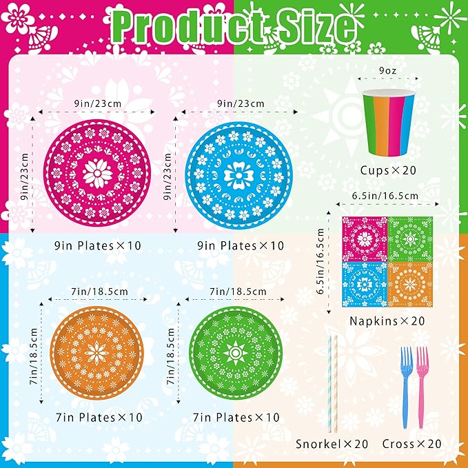 120PCS Mexican Fiesta Plates and Napkins Party Supplies, Cinco De Mayo Party Decorations Tableware Set for Mexico Taco Carnival Colorful Carnival Birthday Pinata Platters Dance Party Serves 20