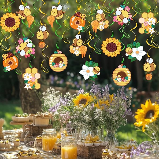 Bumble Bee Hanging Swirl Decorations, 48Pcs Bee Party Swirls Ceiling Streamers for Spring Summer Themed Party Supplies